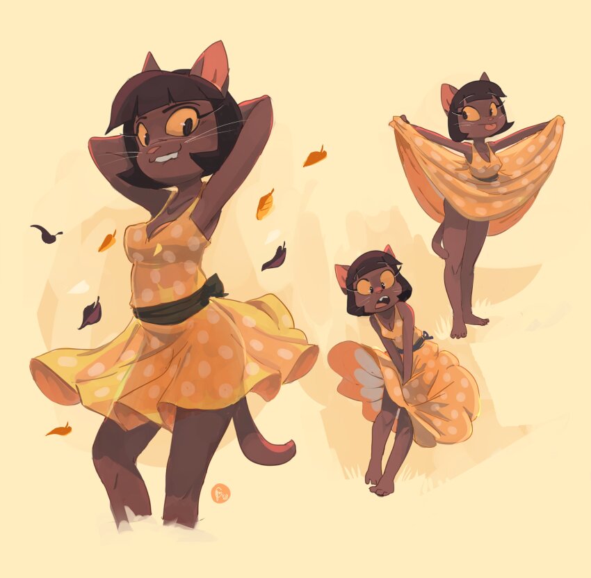 1girl, :o, absurdres, animal_ears, armpits, arms_behind_head, artist_name, autumn_leaves, averting_eyes, bare_shoulders, barefoot, biting_own_lip, black_eyes, black_hair, blunt_bangs, bob_cut, breasts, cat_ears, cat_girl, cat_tail, cleavage, clothes_lift, colored_sclera, commentary, constricted_pupils, cropped_legs, dark-skinned_female, dark_skin, dress, dress_lift, dress_tug, edtropolis, english_commentary, falling_leaves, from_side, furry, furry_female, grin, highres, holding_own_dress, ivy_pepper, lackadaisy, leaf, lifting_own_clothes, looking_to_the_side, medium_breasts, multiple_views, open_mouth, outstretched_arms, polka_dot, polka_dot_dress, see-through_silhouette, short_hair, sidelocks, signature, sleeveless, sleeveless_dress, smile, tail, teasing, teeth, toes, tongue, tongue_out, upper_teeth_only, v-neck, v_arms, whiskers, wind, wind_lift, yellow_background, yellow_dress, yellow_sclera