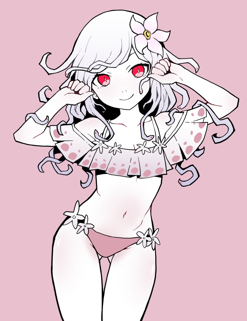 1girl, absurdres, akableak, bare_shoulders, bikini, breasts, bright_pupils, cleavage, closed_mouth, clothing_cutout, collarbone, commentary, contrapposto, cowboy_shot, curled_fingers, english_commentary, eyelashes, flower, flower_bikini, frilled_bikini, frills, gluteal_fold, god_nadeko, hair_flower, hair_ornament, hands_on_own_head, hands_up, head_tilt, highres, koimonogatari, long_hair, looking_at_viewer, monogatari_(series), navel, off-shoulder_bikini, off_shoulder, pink_background, pink_bikini, pink_flower, red_eyes, sengoku_nadeko, simple_background, slit_pupils, small_breasts, smile, snake_hair, solo, standing, stomach_cutout, swept_bangs, swimsuit, thigh_gap, white_flower, white_hair, white_pupils