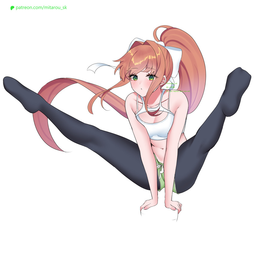 1girl, absurdres, black_footwear, bow, brown_hair, doki_doki_literature_club, green_eyes, hair_bow, highres, long_hair, mi_tarou0412, monika_(doki_doki_literature_club), ponytail, ribbon, sports_bra, white_background, white_bow, white_ribbon, whitebear