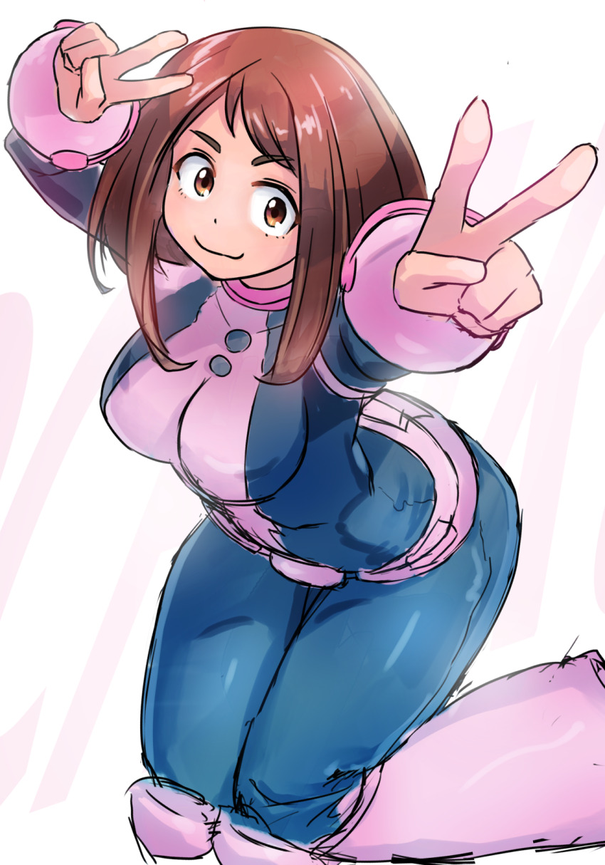 1girl, blue_bodysuit, bodysuit, boku_no_hero_academia, boots, brown_eyes, brown_hair, closed_mouth, double_v, highres, medium_hair, pink_bodysuit, rokusuijo, solo, superhero_costume, uraraka_ochako, uraraka_ochako_(hero_outfit), v