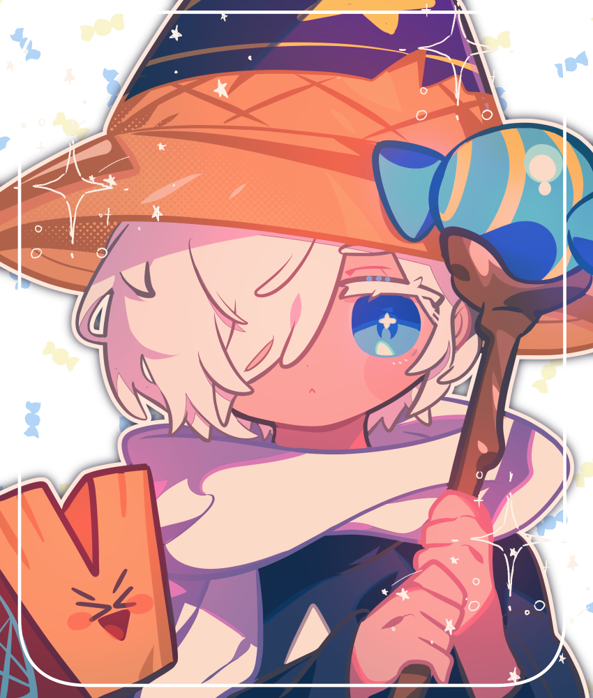 1boy, blue_hat, blue_shirt, candy, closed_mouth, colored_eyelashes, cookie_run, dot_nose