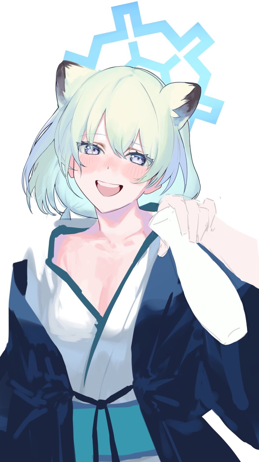 1girl, animal_ears, aqua_hair, blue_archive, blue_eyes, blue_jacket, blush, breasts