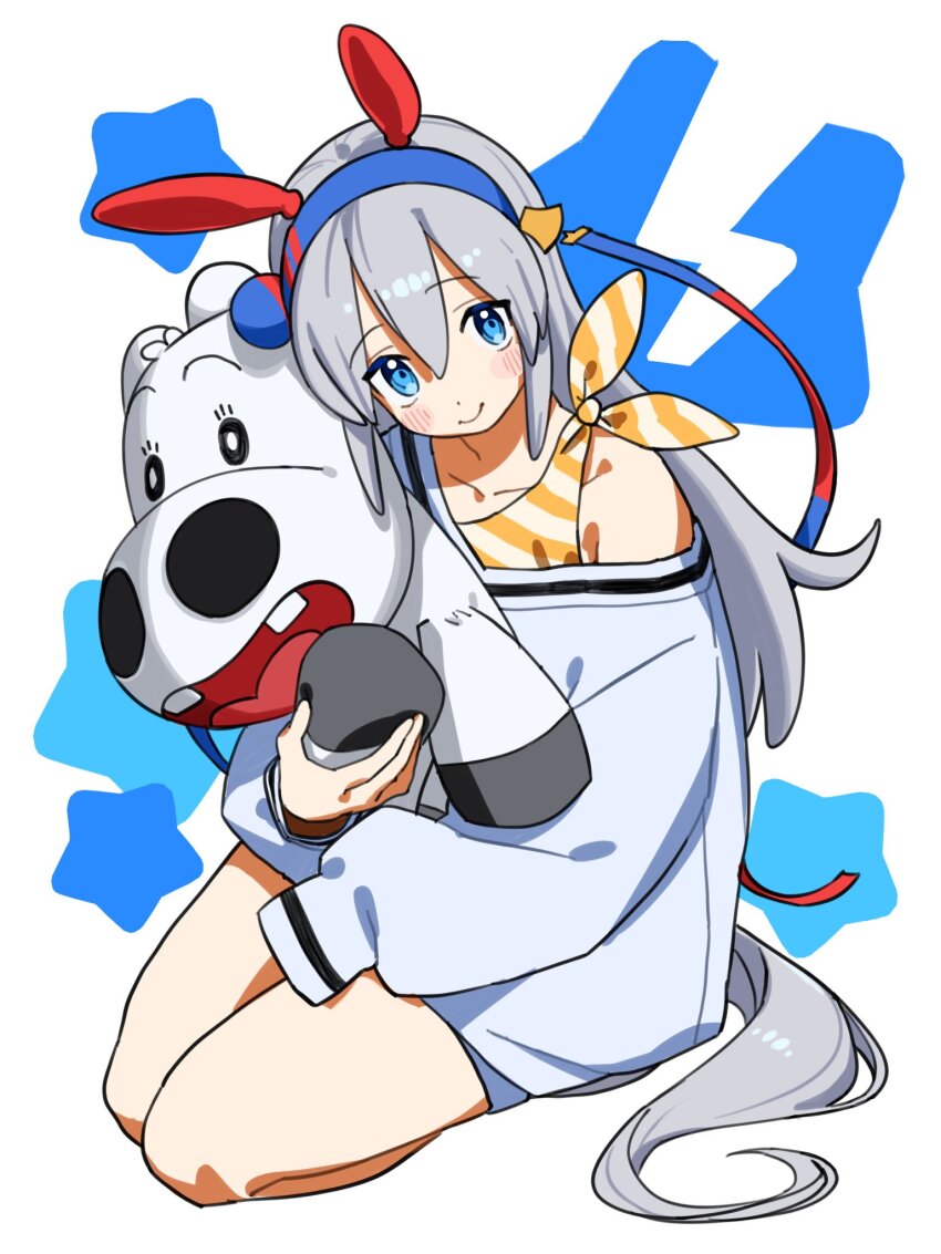 1girl, animal_ears, blush, character_doll, closed_mouth, doll, ear_covers, grey_hair