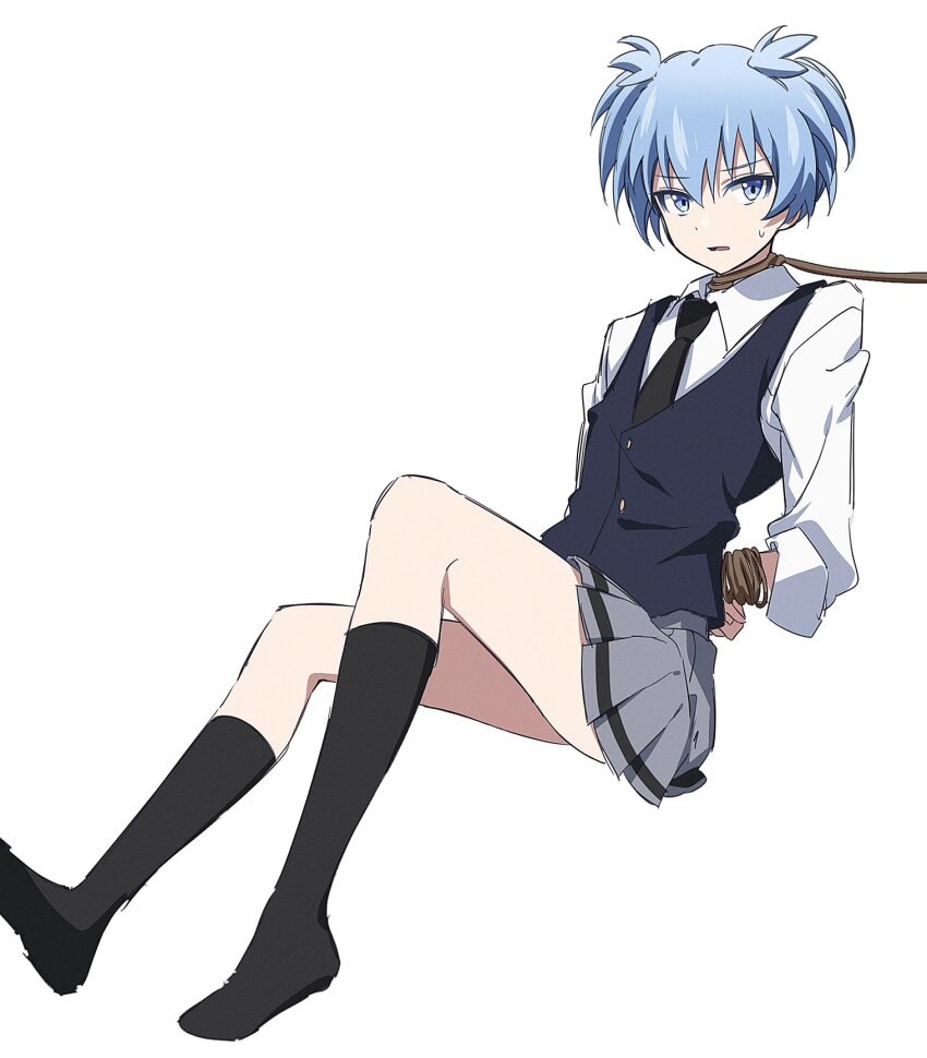 1boy, ansatsu_kyoushitsu, arms_behind_back, black_necktie, black_socks, blue_eyes, blue_hair, blue_vest
