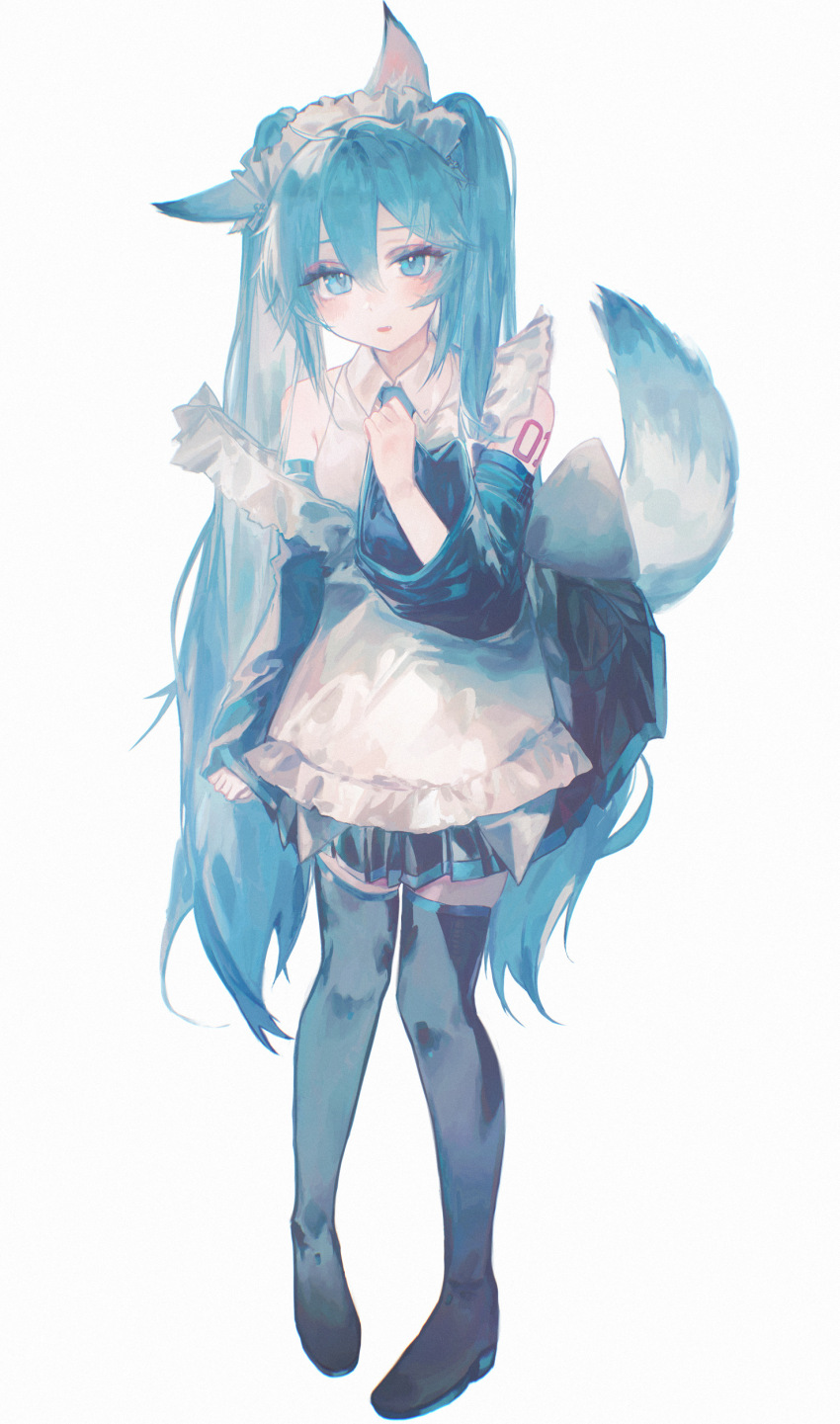 1girl, absurdres, animal_ears, apron, arm_tattoo, back_bow, black_boots, black_skirt