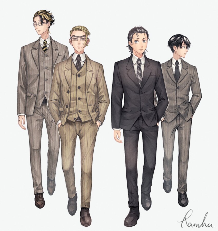 4boys, artist_name, belt, belt_buckle, black_belt, black_footwear, black_hair, black_necktie