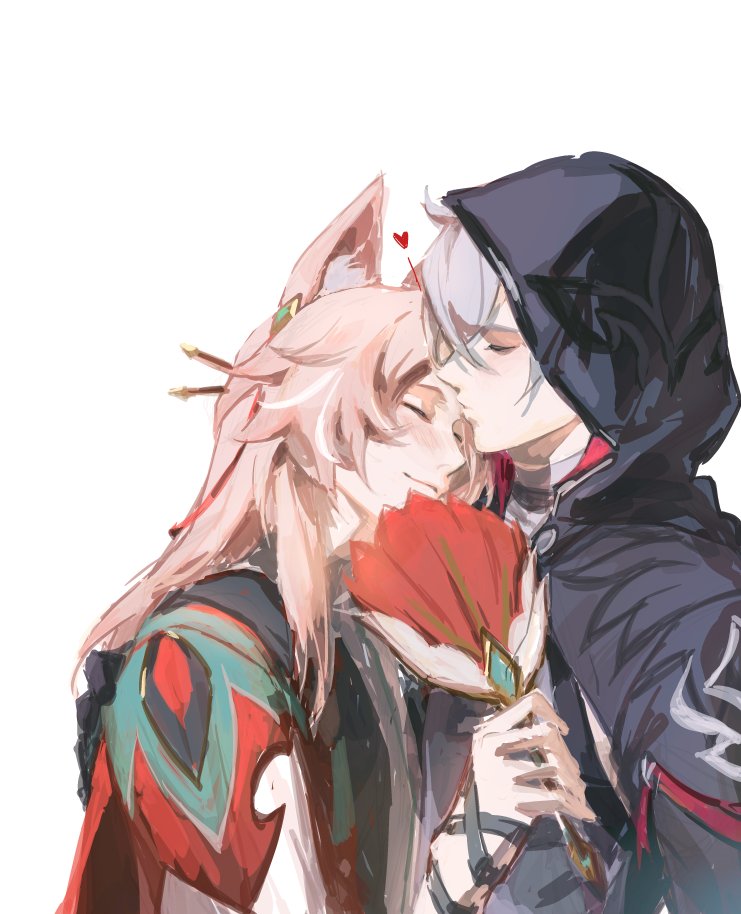 2boys, animal_ear_fluff, animal_ears, arm_up, black_jacket, blush, closed_eyes, closed_mouth