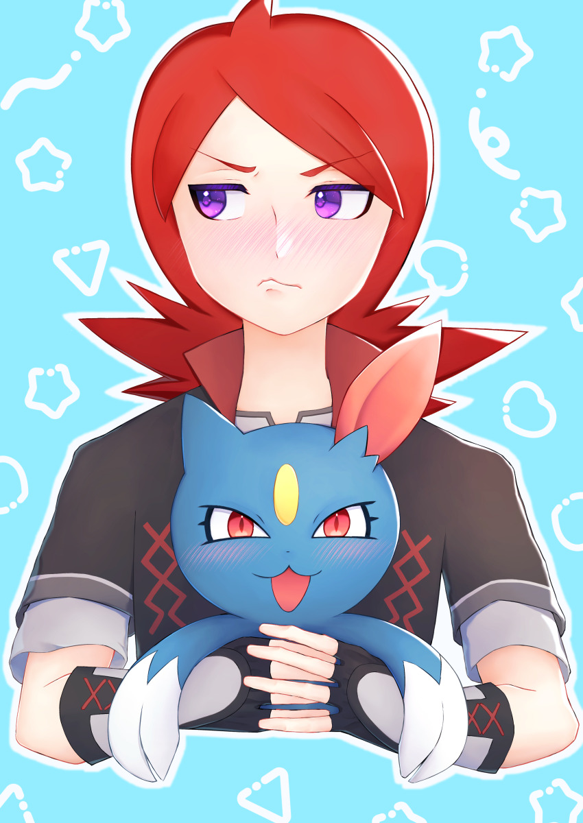 1boy, absurdres, blue_background, blush, claws, forehead_jewel, gen_2_pokemon, highres