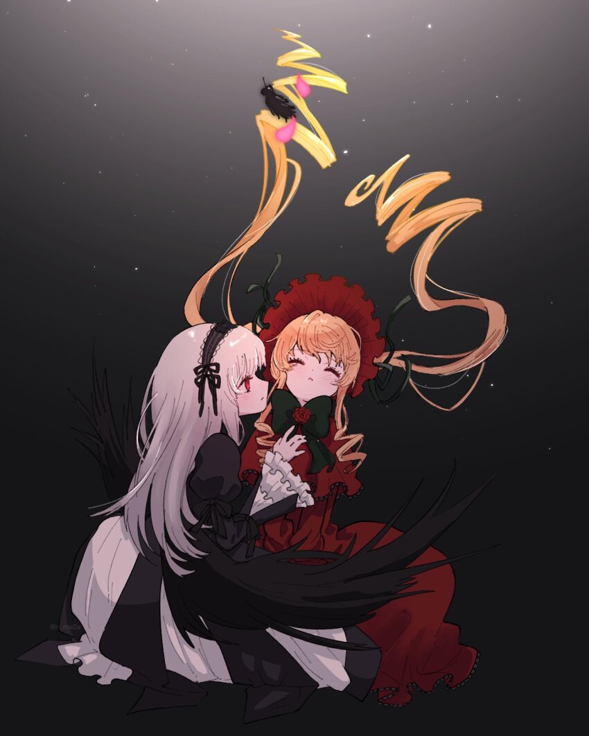 2girls, black_dress, black_wings, blonde_hair, bonnet, closed_eyes, dress, floating_hair