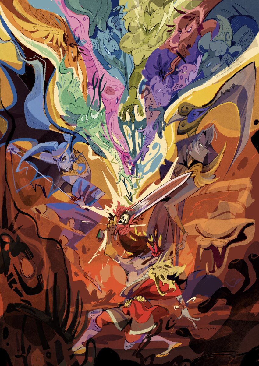 1girl, 2boys, aphrodite_(hades), ares_(hades), arm_up, artemis_(hades), athena_(hades), commentary