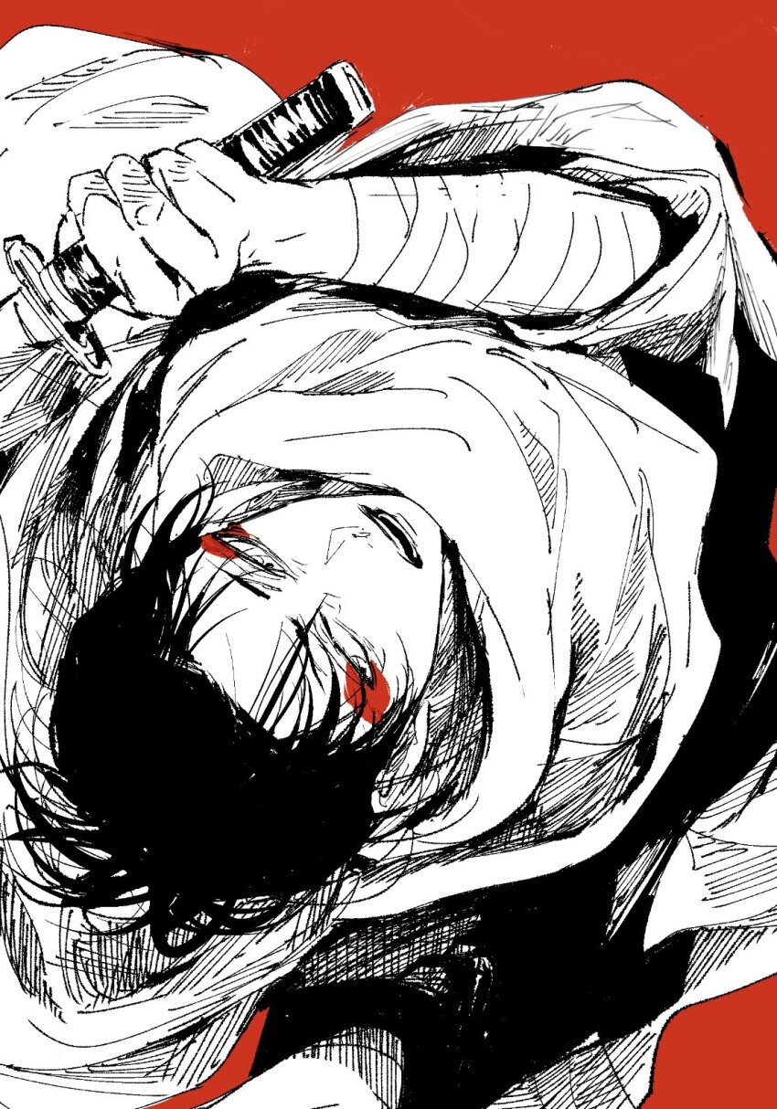 1boy, 21g_yaseru, bandaged_arm, bandages, cloak, eyeshadow, from_above, greyscale