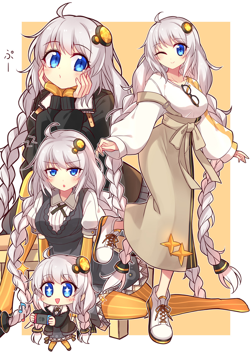 1girl, ;), a.i._voice, ahoge, black_coat, blue_eyes, braid, breasts