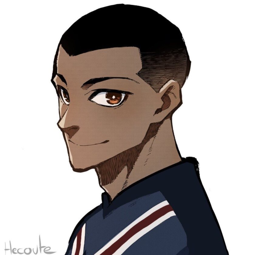 1boy, black_hair, blue_lock, blue_shirt, brown_eyes, dark-skinned_male, dark_skin, hecoute, julian_loki, looking_at_viewer, male_focus, shirt, short_hair, simple_background, smile, soccer_uniform, solo, sportswear, very_short_hair, white_background
