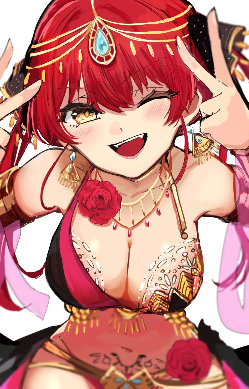 1girl, absurdres, bare_shoulders, bikini, blush, body_chain, breasts, cleavage, dancer, double_v, earrings, flower, gem, hair_ribbon, harem_outfit, head_chain, highres, hololive, houshou_marine, jewelry, large_breasts, long_hair, looking_at_viewer, navel, necklace, one_eye_closed, open_mouth, red_flower, red_hair, red_rose, ribbon, rose, simple_background, smile, solo, suzuno_woto, swimsuit, tattoo, twintails, v, virtual_youtuber, white_background, yellow_eyes