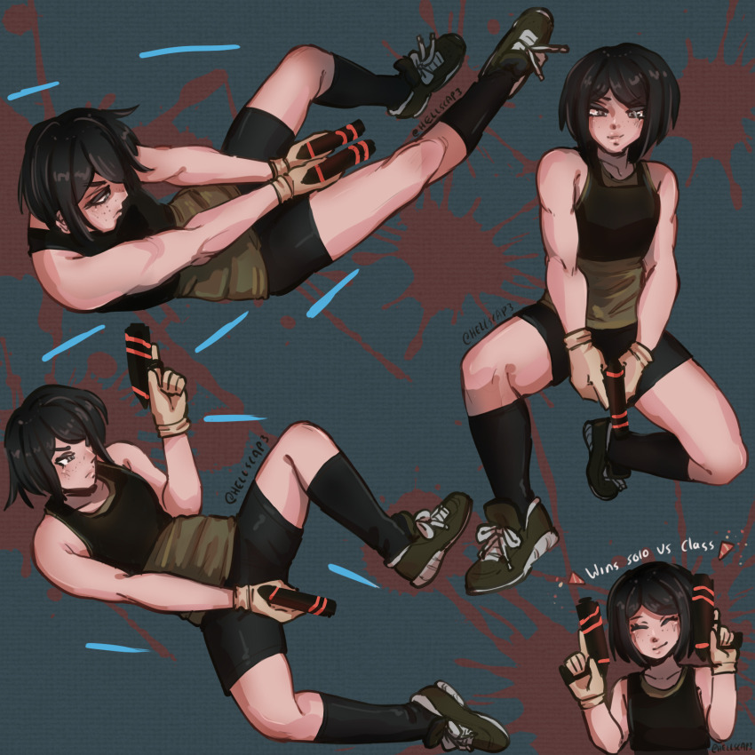 1girl, artist_name, bike_shorts, black_footwear, black_hair, black_shirt, black_shorts, black_tank_top