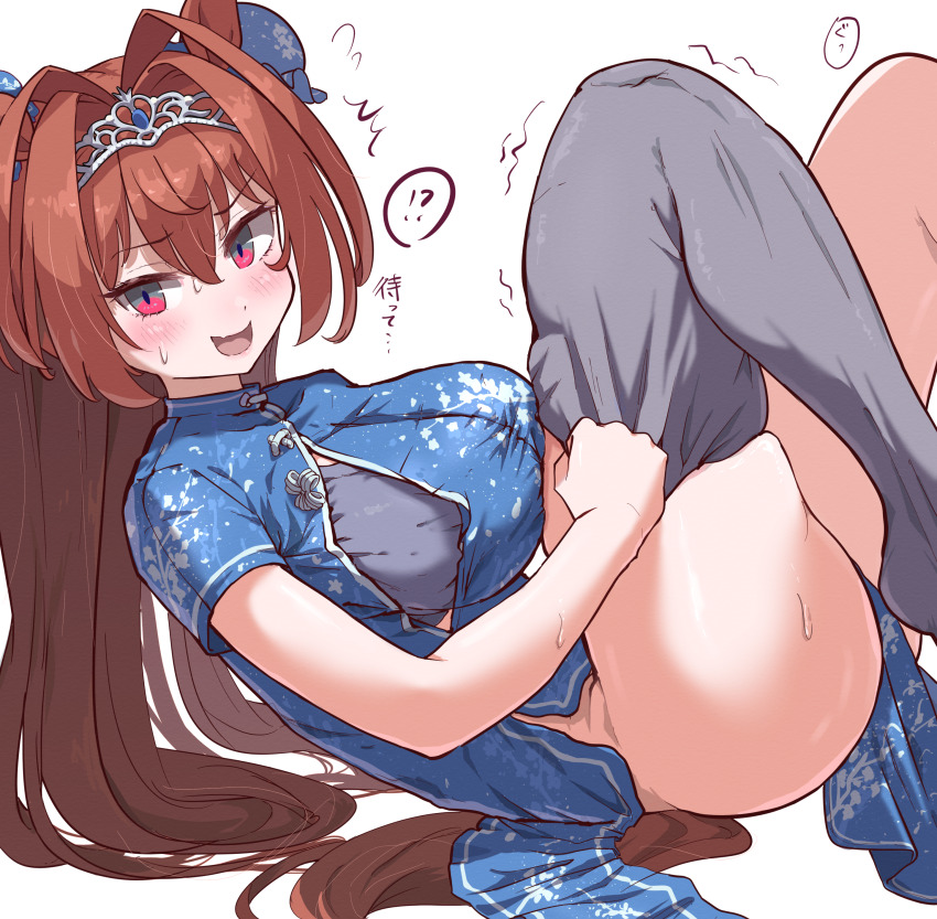 !?, 1girl, absurdres, animal_ears, antenna_hair, black_thighhighs, brown_hair, chinese_clothes