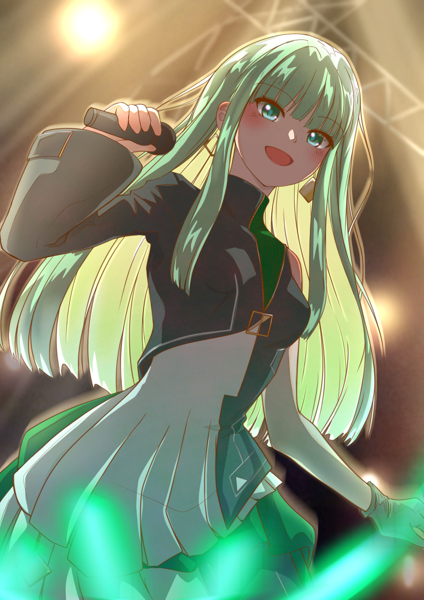 1girl, absurdres, asymmetrical_jacket, blurry, blurry_background, breasts, dress, earrings