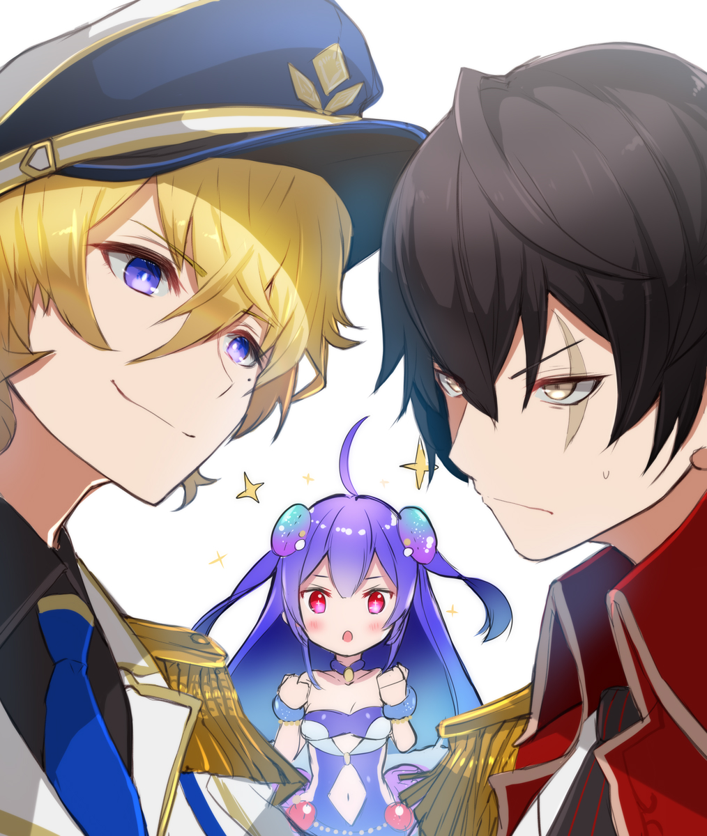 1girl, 2boys, ahoge, black_hair, blonde_hair, blue_hair, clothing_cutout, epaulettes