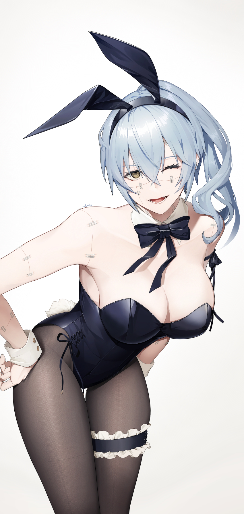 1girl, ;d, absurdres, air_(ai_r_), alternate_costume, animal_ears, arm_ribbon, artist_name, black_bow, black_hairband, black_leotard, black_ribbon, blue_hair, bow, bowtie, breasts, brown_pantyhose, cleavage, collarbone, cowboy_shot, cross-laced_clothes, cross-laced_leotard, crossed_bangs, detached_collar, fake_animal_ears, fake_tail, fang, frilled_thigh_strap, genderswap, genderswap_(mtf), hair_between_eyes, hair_over_shoulder, hairband, hand_on_own_thigh, highleg, highleg_leotard, highres, jujutsu_kaisen, large_breasts, leaning_forward, leotard, long_hair, looking_at_viewer, mahito_(jujutsu_kaisen), one_eye_closed, open_mouth, pantyhose, playboy_bunny, ponytail, rabbit_ears, rabbit_tail, ribbon, scar, scar_across_eye, scar_on_face, signature, simple_background, smile, solo, stitched_face, stitched_neck, stitches, strapless, strapless_leotard, tail, thigh_strap, wavy_hair, white_background, wrist_cuffs, yellow_eyes