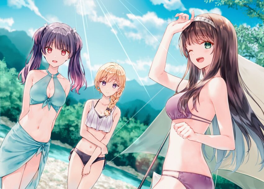 3girls, ;d, aqua_sarong, arms_behind_back, ayase_saki, bikini, black_bikini, blonde_hair, braid, breasts, brown_hair, cleavage, cleavage_cutout, closed_mouth, clothing_cutout, collarbone, commentary_request, criss-cross_halter, dutch_angle, gimai_seikatsu, green_eyes, hairband, halterneck, hiten_(hitenkei), kozono_erina, layered_bikini, light_rays, long_hair, looking_at_viewer, medium_breasts, mountain, multiple_girls, navel, official_art, one_eye_closed, open_mouth, outdoors, purple_bikini, purple_eyes, purple_hair, red_eyes, sarong, second-party_source, sideboob, single_braid, smile, stomach, swimsuit, twintails, white_hairband, yomiuri_shiori