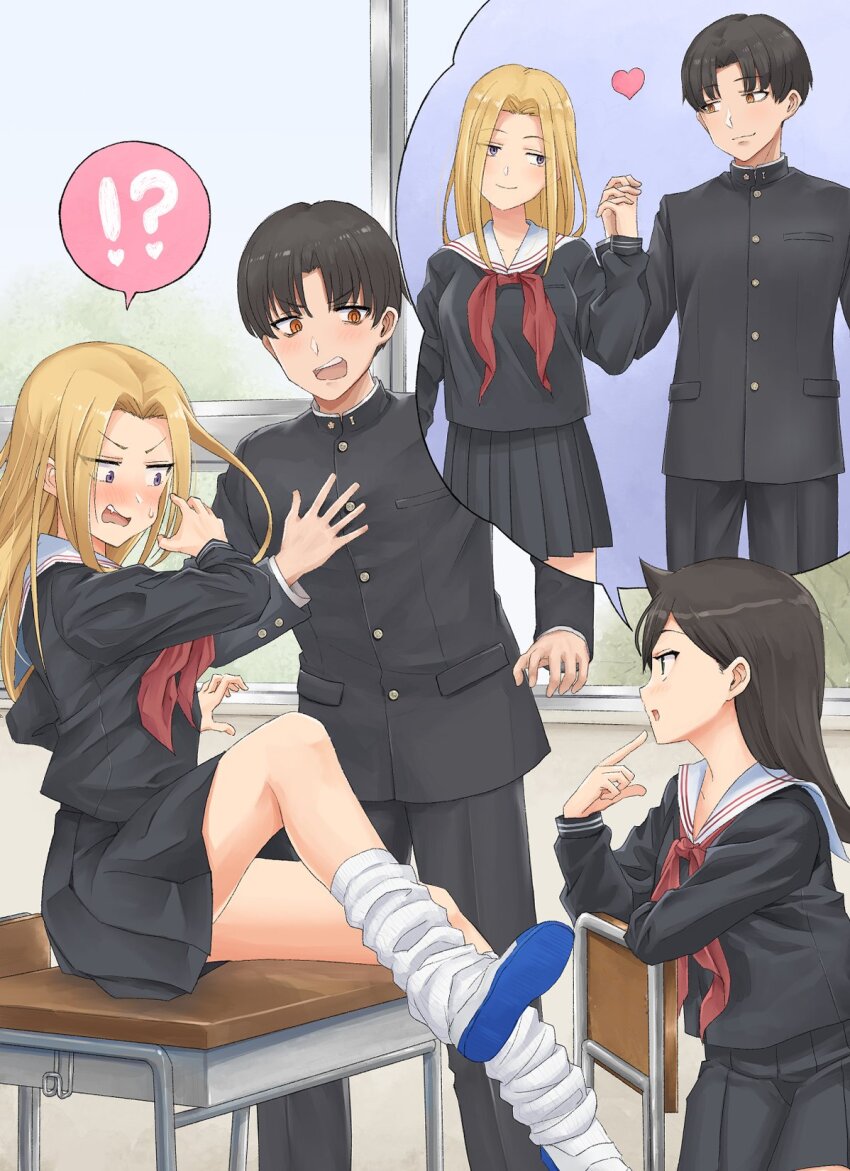 !?, 1boy, 2girls, aged_down, bags_under_eyes, black_hair, black_jacket, black_pants