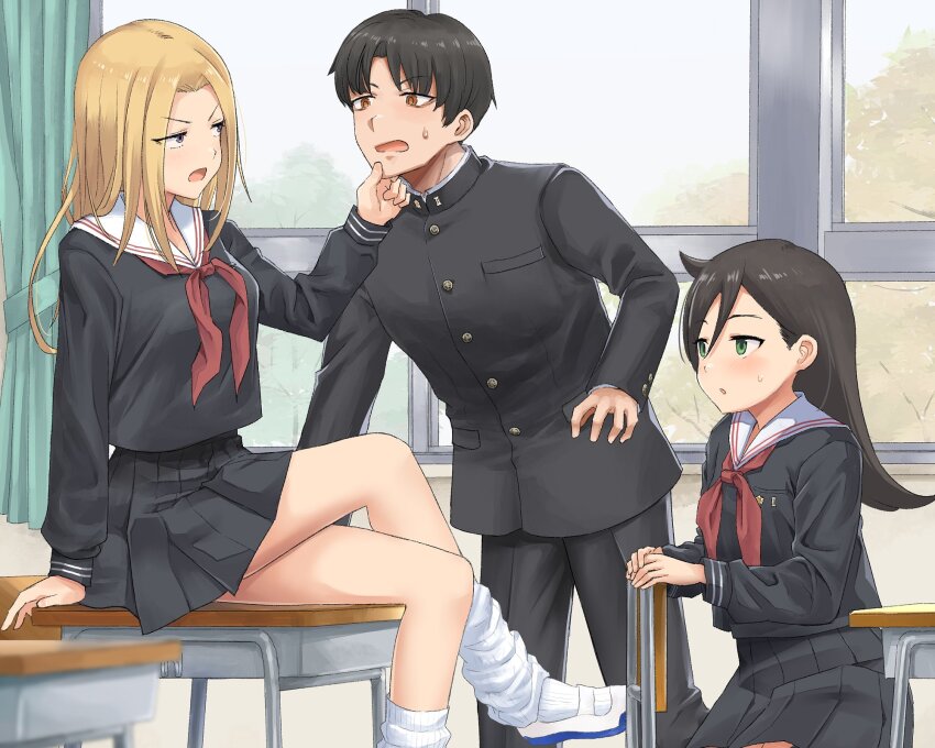 1boy, 2girls, aged_down, bags_under_eyes, black_hair, black_jacket, black_pants, black_skirt