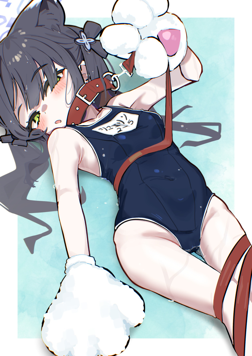1girl, absurdres, animal_collar, animal_ears, black_one-piece_swimsuit, blue_archive, blue_halo, blush