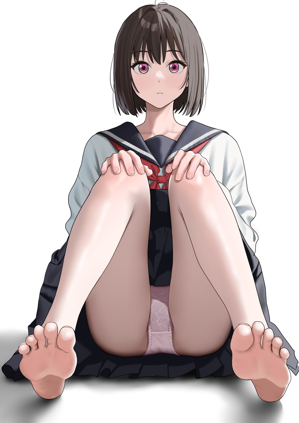 1girl, barefoot, black_hair, blue_serafuku, closed_mouth, feet, foot_focus, foreshortening, full_body, hands_on_own_knees, highres, knees_up, legs_apart, magurotatakighn, neckerchief, on_ground, osanai_yuki, panties, pleated_skirt, purple_eyes, red_neckerchief, school_uniform, serafuku, short_hair, shoushimin_series, simple_background, sitting, skirt, soles, solo, toes, underwear, white_background