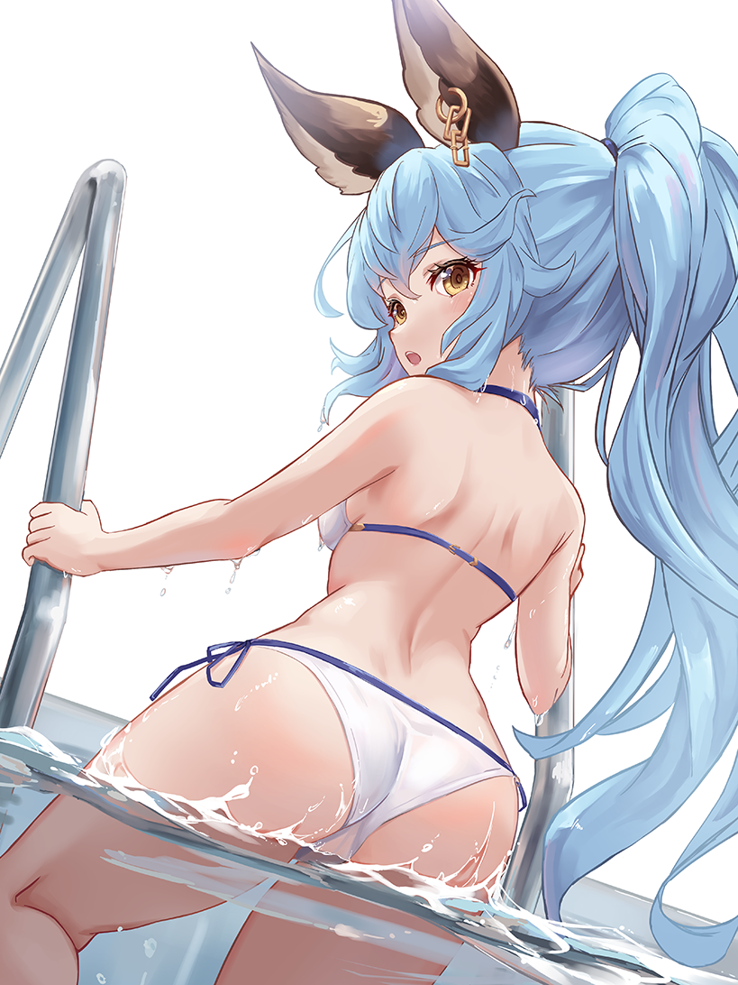 1girl, animal_ears, ass, bare_shoulders, bell_(angelicalary), bikini, blue_hair, earrings