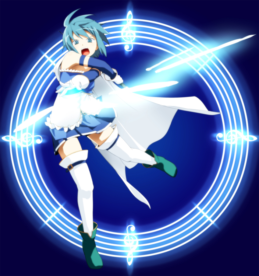 10s, 1girl, blue_eyes, blue_hair, cape, chu_(chu_chu3), female_focus, full_body