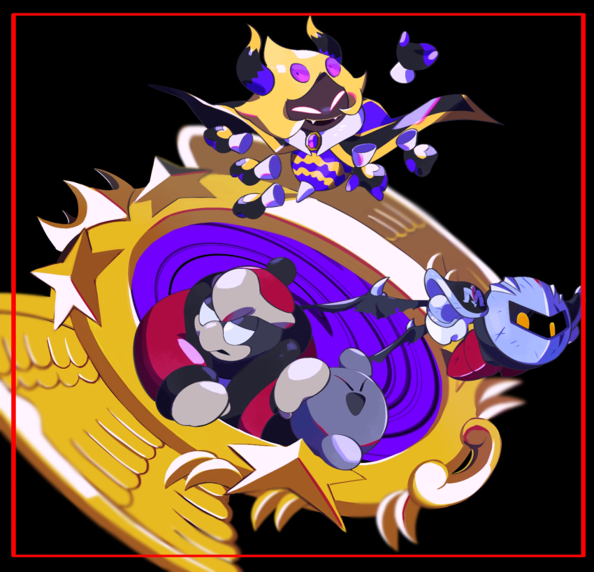 armor, bat_wings, black_background, blonde_hair, colored_skin, dark_meta_knight, dark_taranza, dimension_mirror