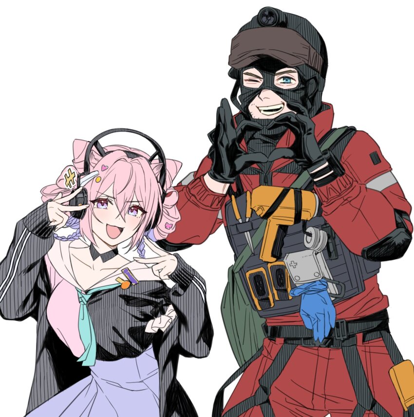 1boy, 1girl, ace_(rainbow_six_siege), arknights, balaclava, blue_eyes, crossover, double_v, headphones, highres, mask, military_operator, one_eye_closed, pink_hair, pulls200, purple_eyes, rainbow_six_siege, tactical_clothes, u-official_(arknights), v, white_background