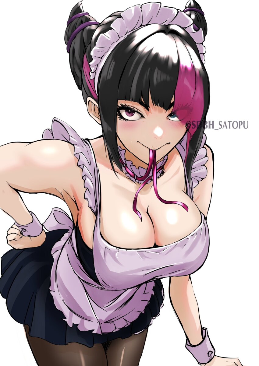 1girl, apron, bending, black_hair, breasts, cleavage, hair_over_one_eye, han_juri, hand_on_own_hip, highres, looking_at_viewer, maid, mouth_hold, multicolored_eyes, pantyhose, ribbon, ribbon_in_mouth, satopuu, short_hair, signature, street_fighter, street_fighter_6, twintails, white_apron