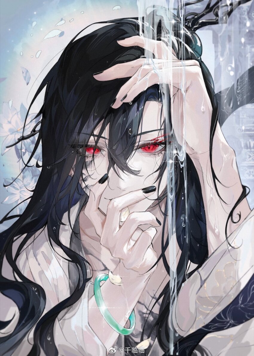 1boy, ayn_alwyn, black_hair, black_nails, bracelet, branch, chinese_clothes, closed_mouth