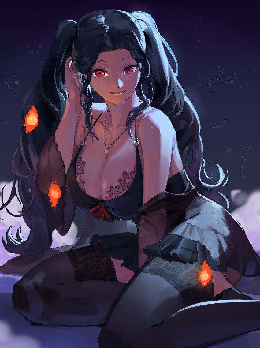 1girl, absurdres, adjusting_hair, arm_between_legs, bare_shoulders, black_hair, black_nightgown, black_thighhighs