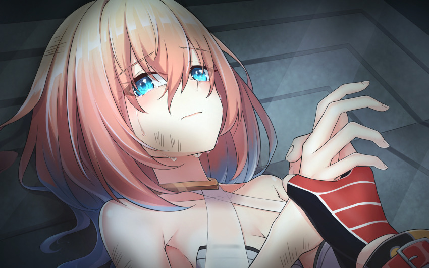 1boy, 1girl, absurdres, bare_shoulders, blue_eyes, commission, gloves, gradient_hair, halterneck, hand_grab, highres, linea_(shironeko_project), multicolored_hair, orange_hair, pixiv_commission, pov, rect_(shironeko_project), rurisuke, shironeko_project, tears