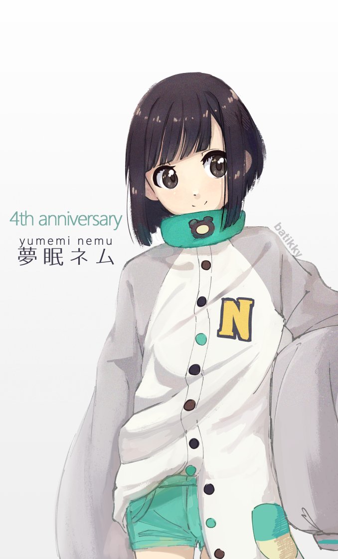 1girl, anniversary, aqua_shorts, arm_at_side, artist_name, batikky, black_eyes, black_hair