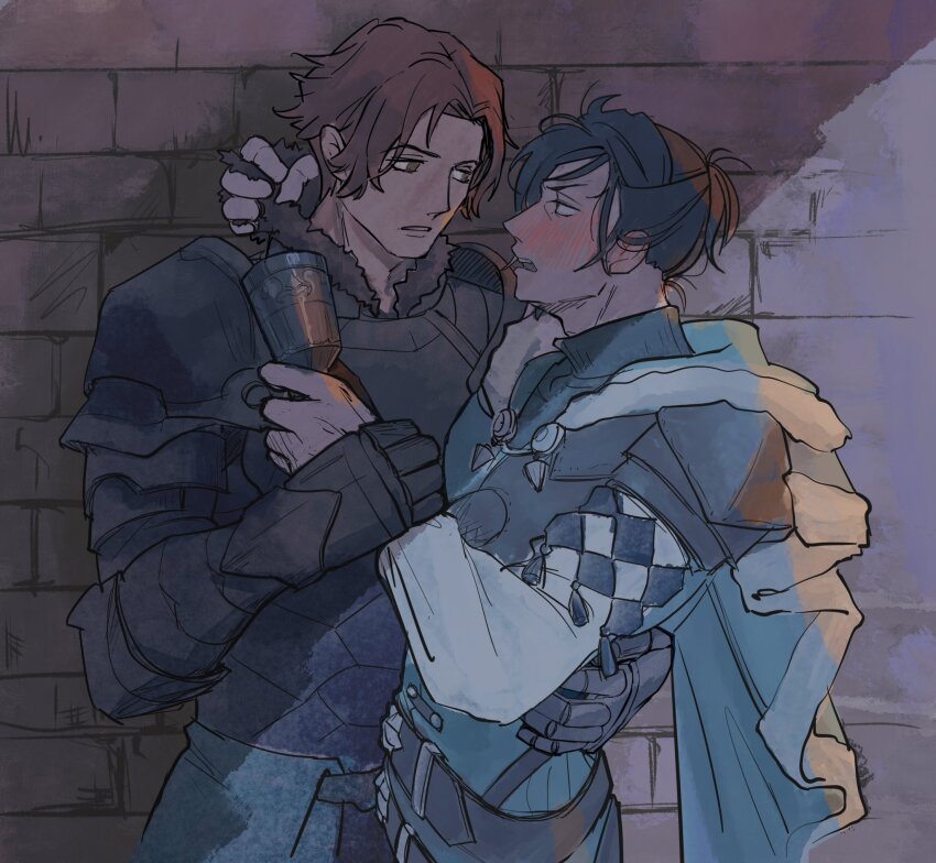 2boys, aqua_cape, aqua_tunic, arm_around_another's_waist, armor, armored_gloves, belt, black_hair