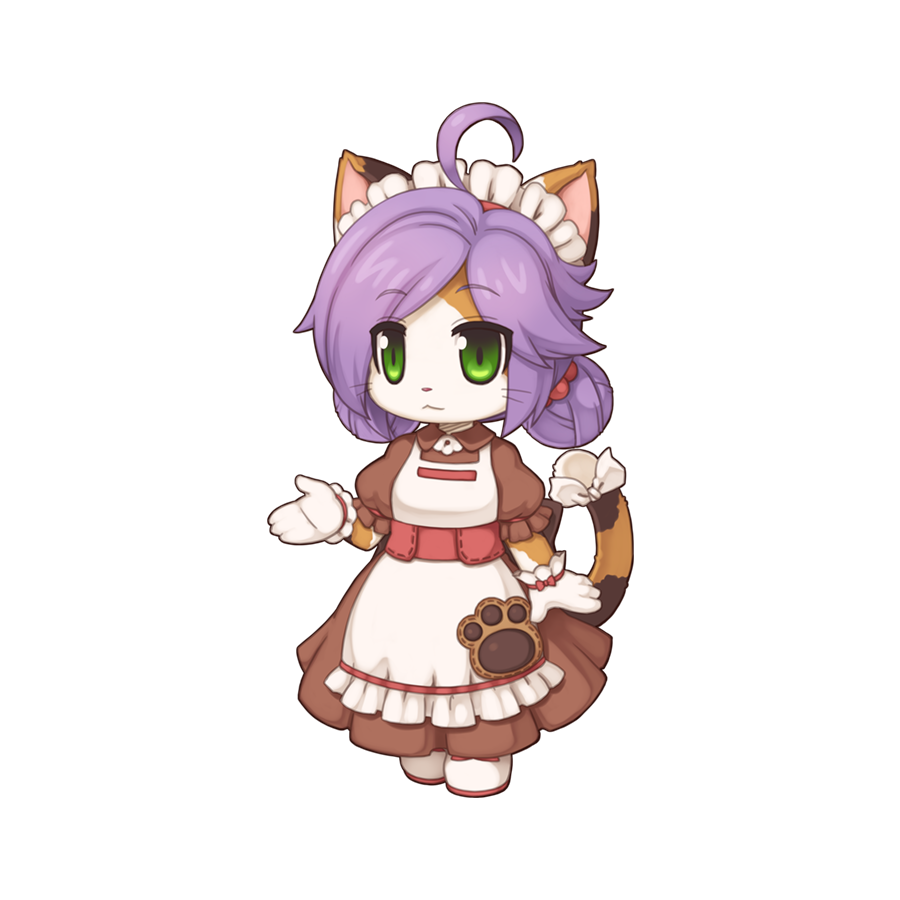 1girl, ahoge, animal_ears, apron, brown_dress, caprese_(ragnarok_online), cat_ears, cat_girl, cat_tail, chibi, chibi_only, closed_mouth, double_bun, dress, frilled_apron, frills, full_body, furry, furry_female, gloves, green_eyes, hair_bun, kafra_uniform, looking_at_viewer, maid, maid_headdress, official_art, puffy_short_sleeves, puffy_sleeves, ragnarok_online, red_sash, sash, short_hair, short_sleeves, simple_background, smile, solo, standing, tail, transparent_background, whiskers, white_apron, white_gloves, yuichirou