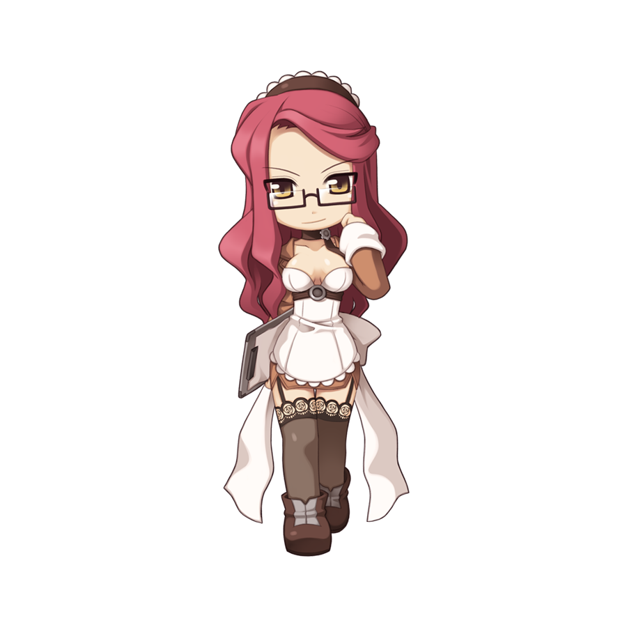 1girl, apron, black-framed_eyewear, boots, breasts, brown_boots, brown_dress, chibi