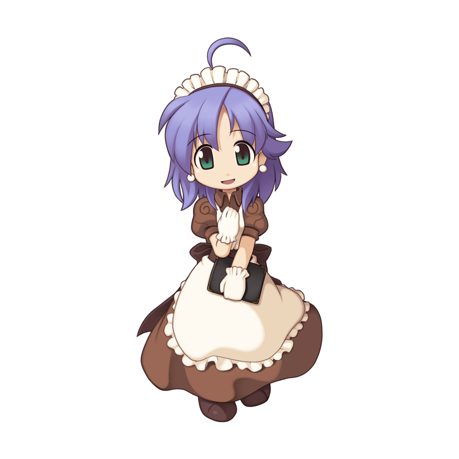 1girl, ahoge, apron, brown_dress, brown_shoes, chibi, chibi_only, clipboard