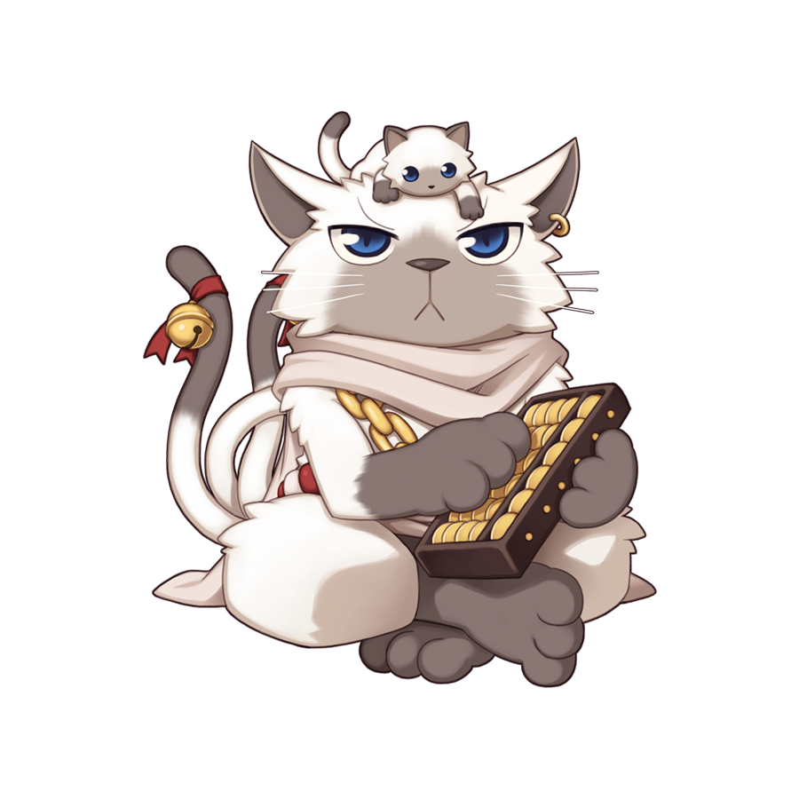 1boy, :<, abacus, animal_ears, bell, blue_eyes, cat_boy, cat_ears, cat_hand_staff, cat_tail, chain, chibi, chibi_only, closed_mouth, doll_on_head, earrings, frown, full_body, furry, furry_male, indian_style, jewelry, jingle_bell, looking_at_viewer, male_focus, multiple_tails, official_art, ragnarok_online, simple_background, single_earring, sitting, solo, stuffed_animal, stuffed_cat, stuffed_toy, tail, tail_bell, tail_ornament, transparent_background, v-shaped_eyebrows, whiskers, yuichirou