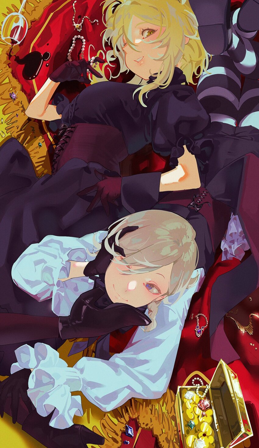 1boy, 1girl, alternate_costume, black_dress, black_gloves, blonde_hair, couple, dress
