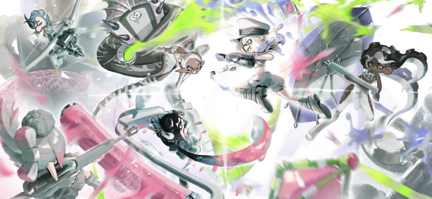 1boy, 6+girls, absurdres, aqua_eyes, aramaki_spla, battle, big_man_(grand_festival)_(splatoon), big_man_(splatoon)