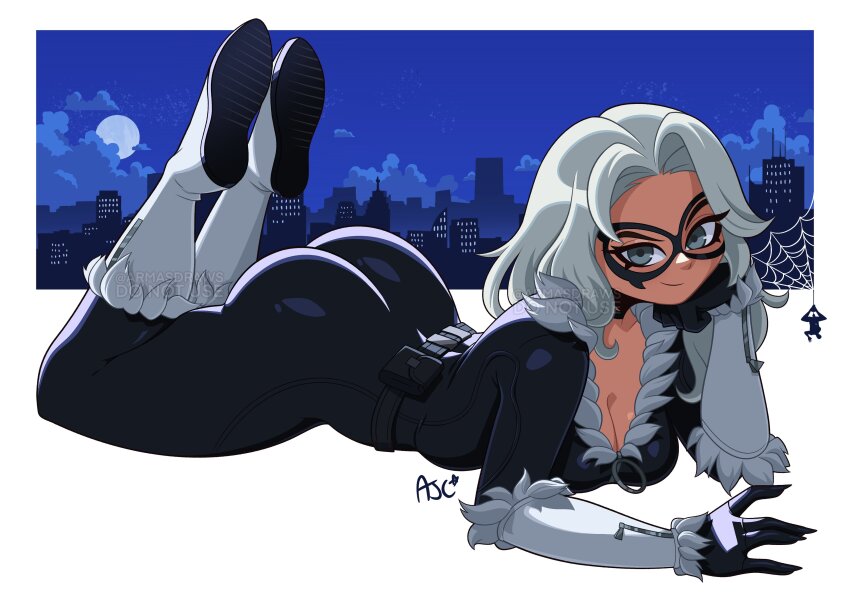 1girl, absurdres, armasdraws, artist_name, ass, black_bodysuit, black_cat_(marvel), black_gloves