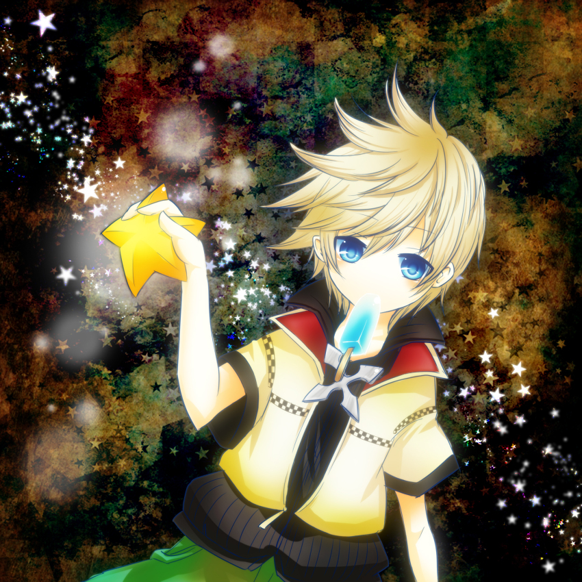 1boy, abstract_background, black_vest, blonde_hair, blue_eyes, checkered_clothes, cropped_jacket, expressionless