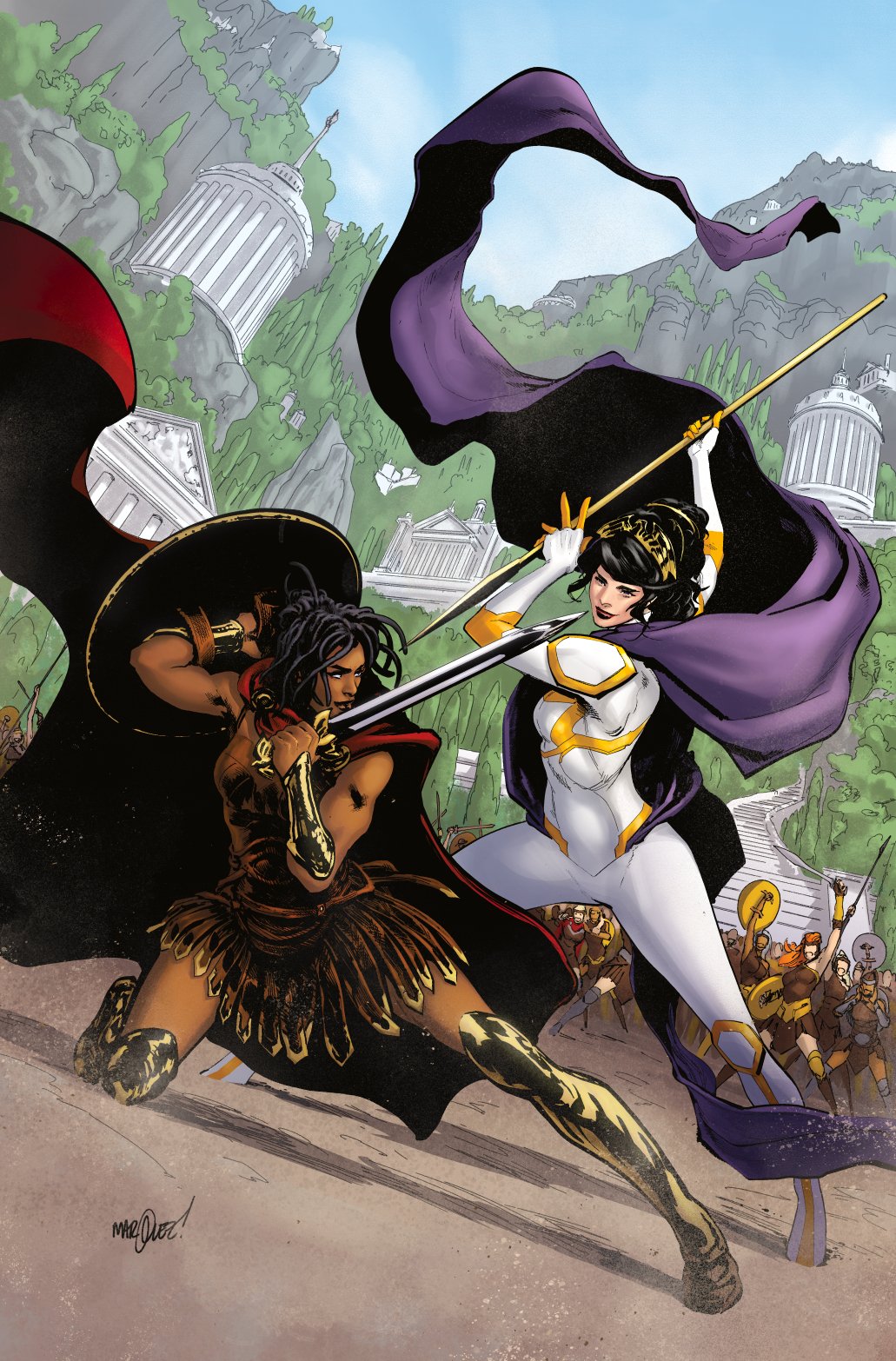 2girls, architecture, armor, black_hair, blue_sky, bodysuit, boots, brown_dress, cape, dark-skinned_female, dark_skin, david_marquez, day, dc_comics, dreadlocks, dress, fighting, gold_footwear, greco-roman_architecture, highres, hippolyta_(dc), holding, holding_polearm, holding_shield, holding_sword, holding_weapon, multicolored_bodysuit, multiple_girls, nubia_(dc), on_one_knee, outdoors, polearm, purple_cape, red_cape, shield, signature, sky, sleeveless, sleeveless_dress, spear, sword, thigh_boots, two-tone_bodysuit, vambraces, weapon, white_bodysuit, wonder_woman_(series), yellow_bodysuit