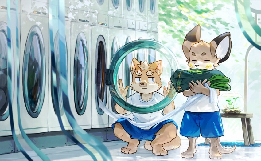 2boys, animal_ears, barefoot, blue_pants, closed_eyes, closed_mouth, digitigrade, dog_boy