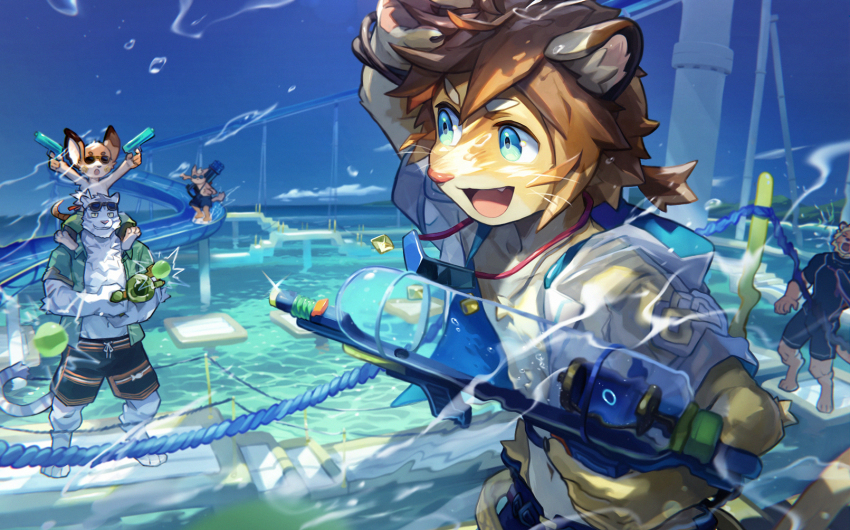 5boys, abs, animal_ears, bara, barefoot, black_shorts, blue_eyes, blue_shorts