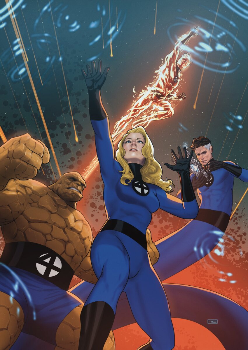1girl, 3boys, ben_grimm, black_footwear, black_gloves, black_hair, blonde_hair, blue_bodysuit, blue_shorts, bodysuit, boots, fantastic_four, fire, flying, gloves, highres, human_torch, johnny_storm, long_hair, marvel, multicolored_hair, multiple_boys, reed_richards, short_hair, shorts, sue_storm, superhero_costume, taurin_clarke, two-tone_hair, white_hair